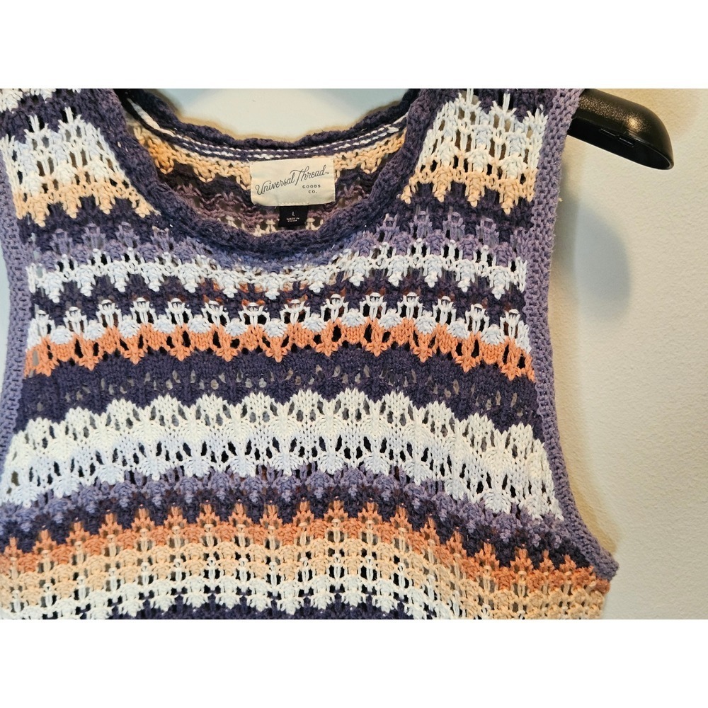 Universal Thread Purple Stripe Pointelle Knit Sweater Vest Sleeveless Top Large